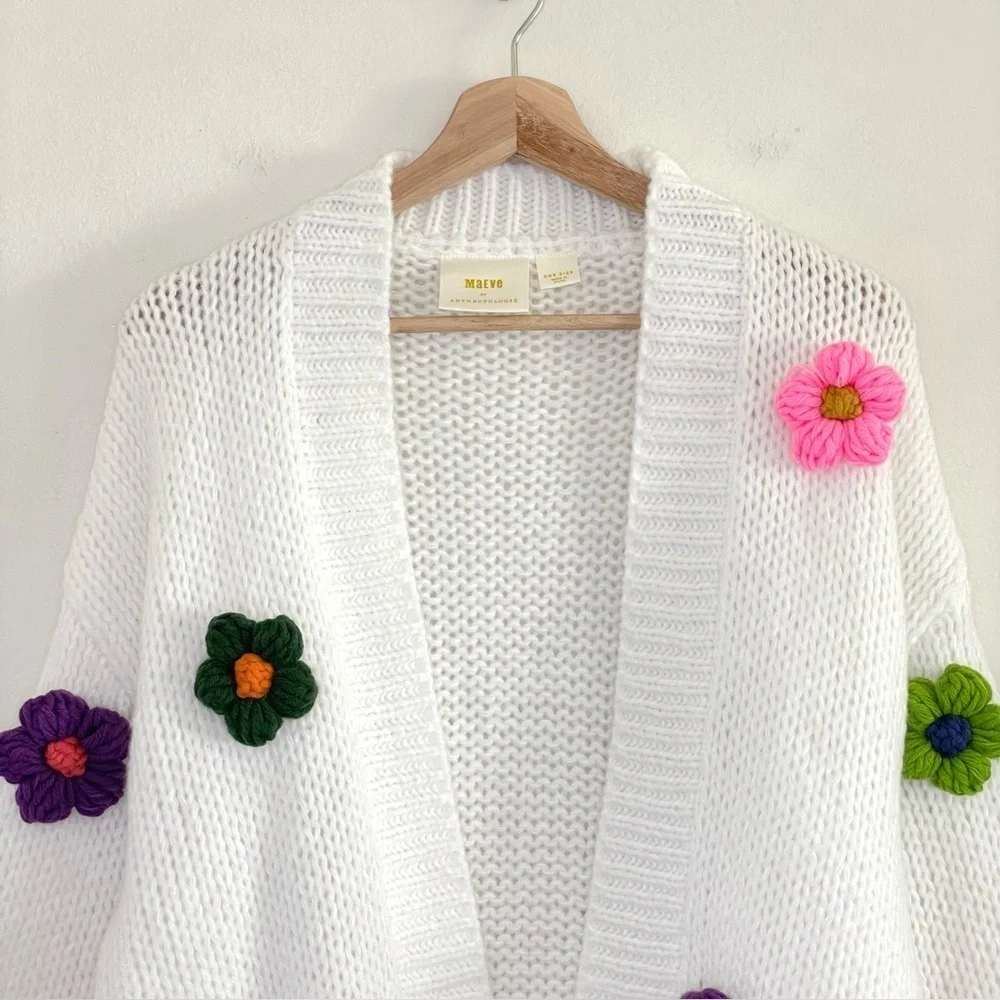 Anthropologie Maeve Susannah 3D Flower Cardigan Open Front Knit Sweater White OS